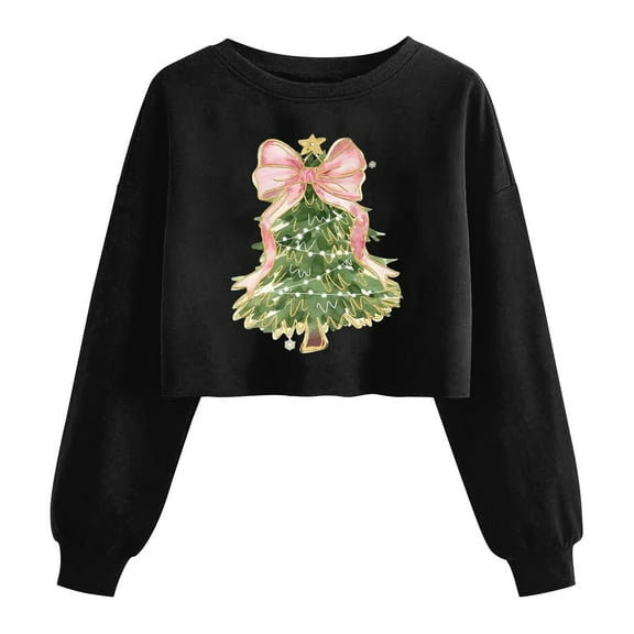 Womens Christmas Sweatshirts Xmas Tree Printed Crop Tops for Teen Girls Casual Crewneck Long Sleeve Pullovers (S, Black)
