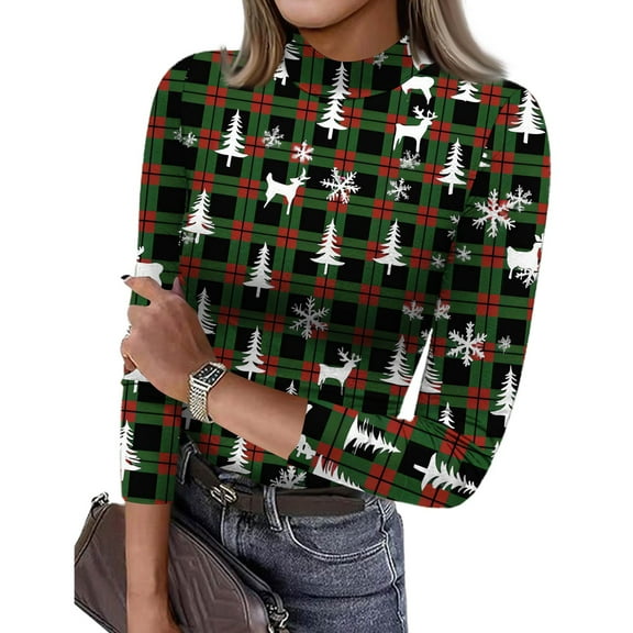 Womens Christmas T Shirts 3/4 Sleeve Ladies Turtleneck Tops with Christmas Wreath and Bell Print Slim Fit Trendy Clothes Army Green L