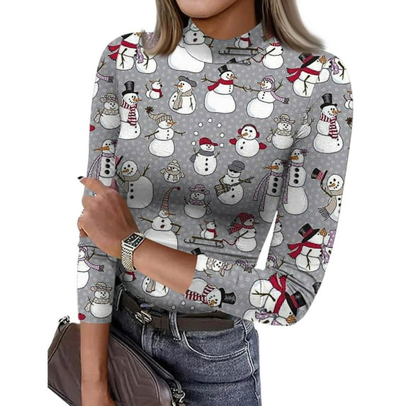 Womens Christmas T Shirts 3/4 Sleeve Ladies Turtleneck Tops with Christmas Wreath and Bell Print Slim Fit Trendy Clothes Gray XL