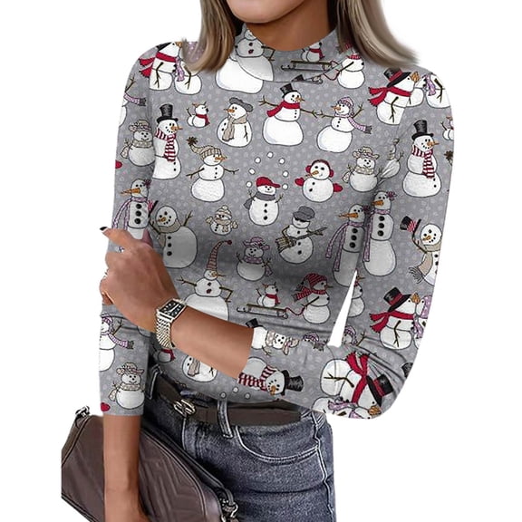 Womens Christmas T Shirts 3/4 Sleeve Ladies Turtleneck Tops with Christmas Wreath and Bell Print Slim Fit Trendy Clothes Gray XXL