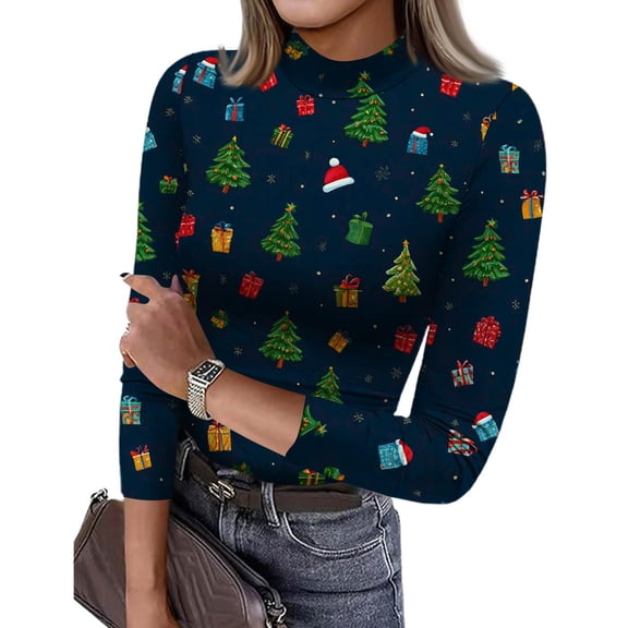 Womens Christmas T Shirts 3/4 Sleeve Ladies Turtleneck Tops with Christmas Wreath and Bell Print Slim Fit Trendy Clothes Navy XXL