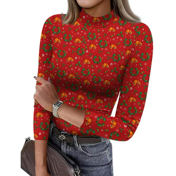 Womens Christmas T Shirts 3/4 Sleeve Ladies Turtleneck Tops with Christmas Wreath and Bell Print Slim Fit Trendy Clothes Red L