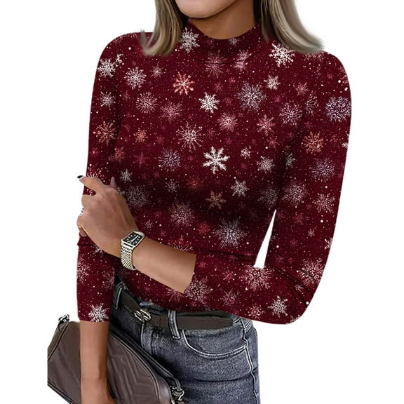 Womens Christmas T Shirts 3/4 Sleeve Ladies Turtleneck Tops with Christmas Wreath and Bell Print Slim Fit Trendy Clothes Wine M