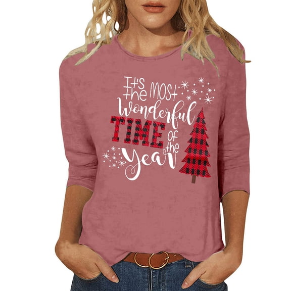 Womens Christmas T-Shirts Fall Tree Letter Print 3/4 Sleeve Round Neck Casual Plus Size Tees Tops