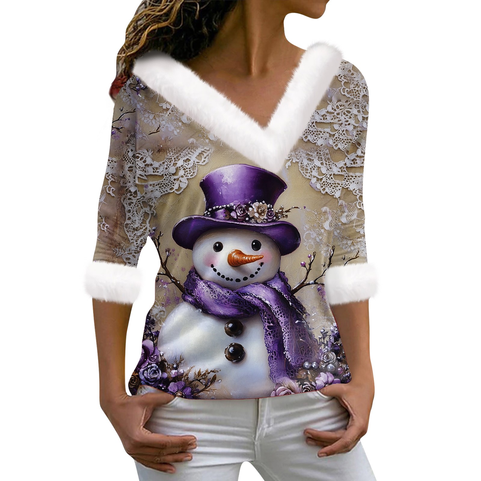 Womens Christmas T Shirts Xmas Snowflake Print Blouse Faux Fur Trim V