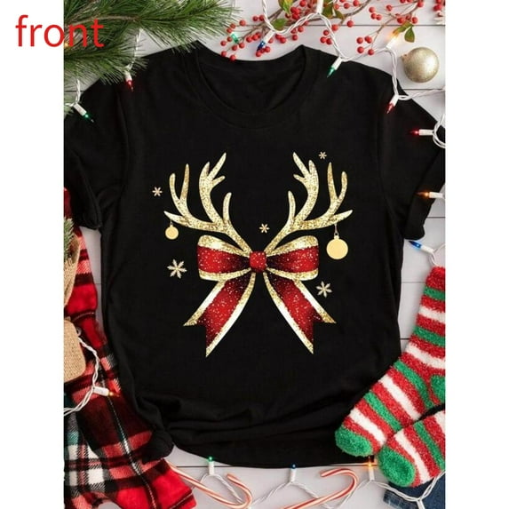 Womens Christmas Tee T Shirt Graphic Tops Vintage Holiday Print Cotton Comfort Short Sleeve Round Neck Black S-5XL
