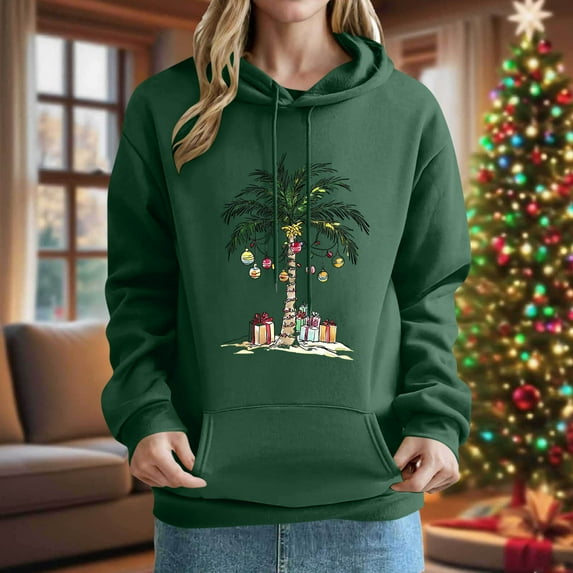 Womens Christmas Top Loose Casual Hoodies Winter Holiday Sweatshirt Funny Xmas Tree Vintage Hoodies Long Sleeve Vacation Trendy Tops 2025