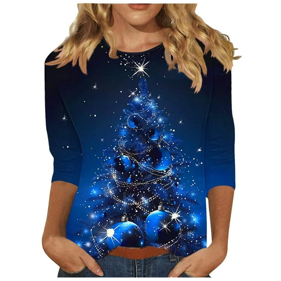 Womens Christmas Tops 3/4 Length Sleeve Crew Neck Xmas Tree Printed Graphic Tee Shirts Holiday Casual T-shirt (2XL, Navy 02)