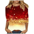 thumbnail image 1 of Womens Christmas Tops 3/4 Length Sleeve Crew Neck Xmas Tree Printed Graphic Tee Shirts Holiday Casual T-shirt (L, Red 04), 1 of 5