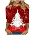 thumbnail image 1 of Womens Christmas Tops 3/4 Length Sleeve Crew Neck Xmas Tree Printed Graphic Tee Shirts Holiday Casual T-shirt (L, Red), 1 of 5