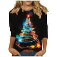 thumbnail image 1 of Womens Christmas Tops 3/4 Length Sleeve Crew Neck Xmas Tree Printed Graphic Tee Shirts Holiday Casual T-shirt (M, Black 03), 1 of 5