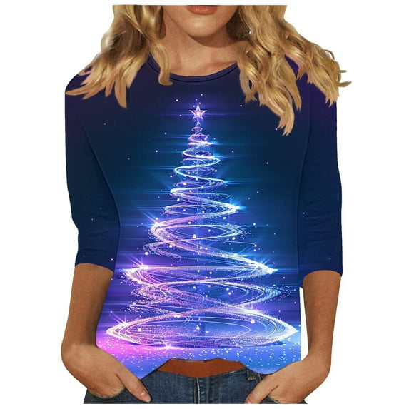 Womens Christmas Tops 3/4 Length Sleeve Crew Neck Xmas Tree Printed Graphic Tee Shirts Holiday Casual T-shirt (M, Blue 01)