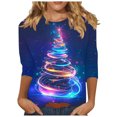 thumbnail image 1 of Womens Christmas Tops 3/4 Length Sleeve Crew Neck Xmas Tree Printed Graphic Tee Shirts Holiday Casual T-shirt (M, Blue), 1 of 5
