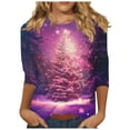 thumbnail image 1 of Womens Christmas Tops 3/4 Length Sleeve Crew Neck Xmas Tree Printed Graphic Tee Shirts Holiday Casual T-shirt (M, Purple), 1 of 5
