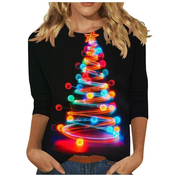 Womens Christmas Tops 3/4 Length Sleeve Crew Neck Xmas Tree Printed Graphic Tee Shirts Holiday Casual T-shirt (XL, Black)