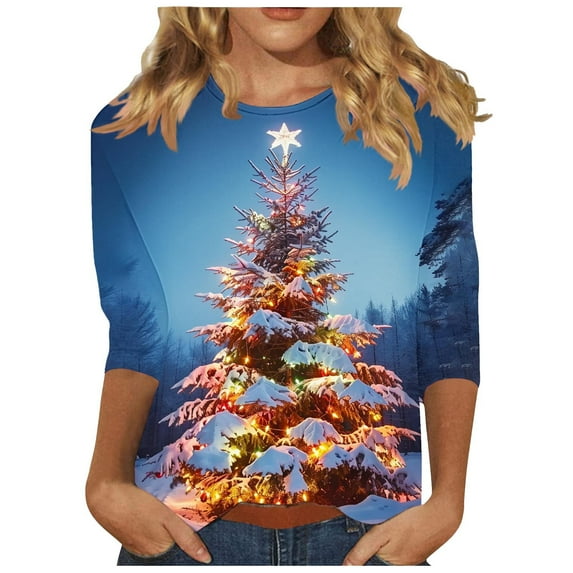 Womens Christmas Tops 3/4 Length Sleeve Round Neck Xmas Tree Print Graphic Tee Shirts Holiday Casual T-shirt (XL, Blue 03)