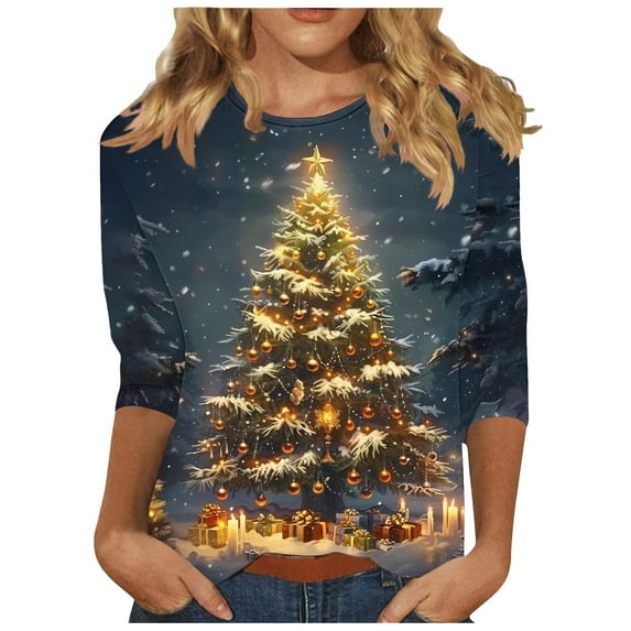 Womens Christmas Tops 3/4 Length Sleeve Round Neck Xmas Tree Print Graphic Tee Shirts Holiday Casual T-shirt (XL, Navy 01)