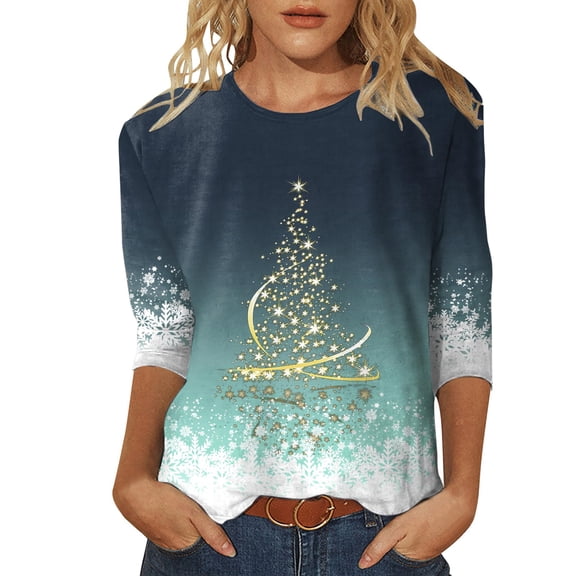 Womens Christmas Tops 3/4 Sleeve Shirts Christmas Tree Print Crewneck Printed Flower Loose Side Split Tunic Holiday Graphic Tees Blouses