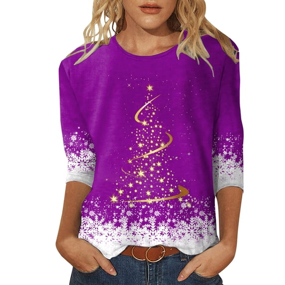 Womens Christmas Tops 3/4 Sleeve Shirts Christmas Tree Print Crewneck Printed Flower Loose Side Split Tunic Holiday Graphic Tees Blouses