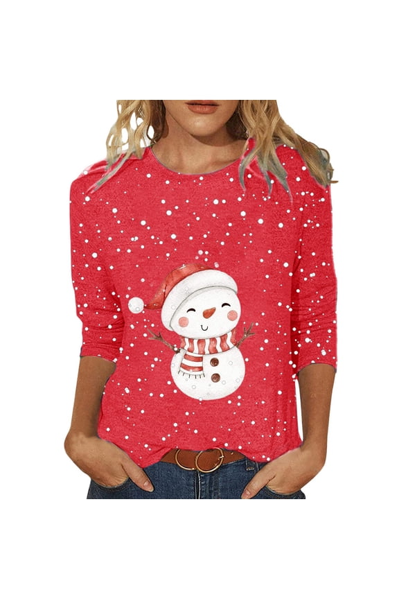 Womens Christmas Tops 3/4 Sleeve Shirts Ladies Casual Snowman Print Crewneck Holiday Graphic Tees Blouses