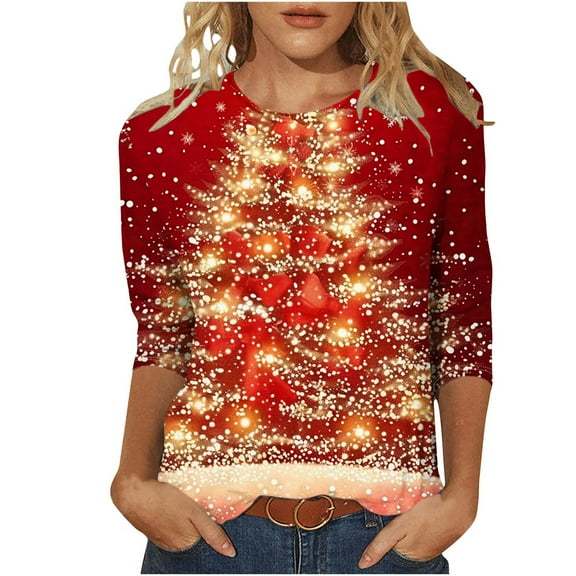 Womens Christmas Tops 3/4 Sleeves MIUOWANP Women's Fashion Tees Casual Crewneck 3/4 Sleeve Loose T Shirt Ladies Tops Blouses Shirts Multicolor XL