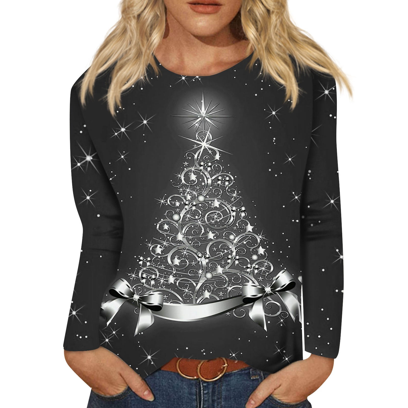 Womens Christmas Tops and Blouses Plus Light Up Shiny Tree Print Tunic Work  Tops for Women Large Bust Crewneck Slim Fit Long Sleeve Oversized Graphic  Tees for Women Country Spring Blouses 