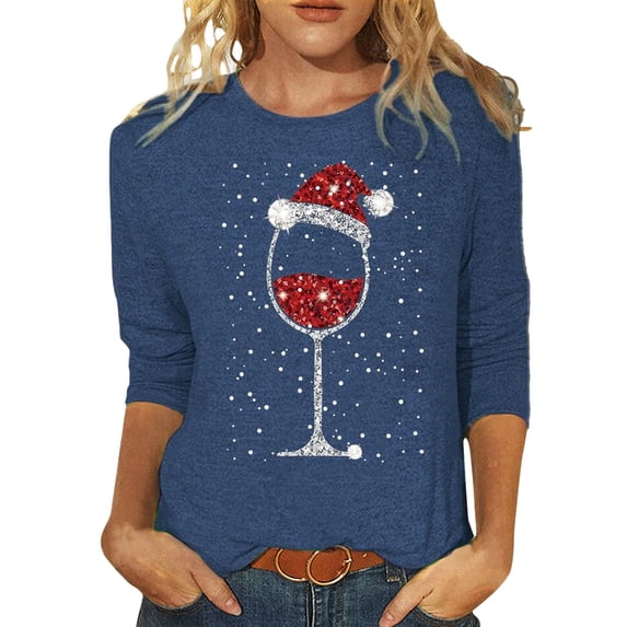 Womens Christmas Tops Casual Fashionable Red Glass Print Round Neck 3/4 Sleeve Xmas Fistival Tops