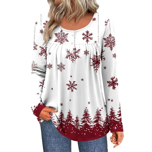 Womens Christmas Tops Casual Loose Shirts Crewneck Long Sleeve Pullover Tops Floral Print Business Work Blouses