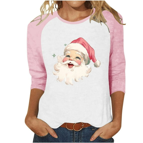 Womens Christmas Tops Crew Neck 3/4 Sleeve Raglan Shirts for Women Xmas Tree Print Plus Size Holiday Graphic Tees (2XL, Pink 05)