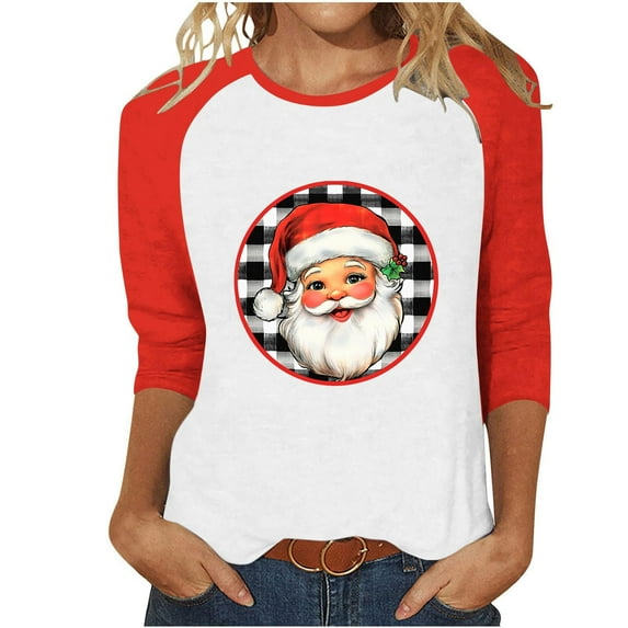 Womens Christmas Tops Crew Neck 3/4 Sleeve Raglan Shirts for Women Xmas Tree Print Plus Size Holiday Graphic Tees (XL, Red)