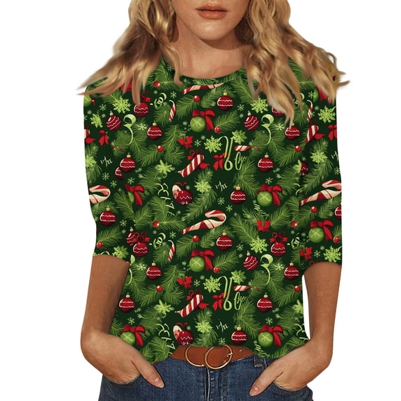 Womens Christmas Tops Crewneck 3/4 Sleeve Christmas Shirts for Women Graphic Xmas Tree Snowflake Print Tshirt Dressy Casual Blouse Y2k Tops Quarter Sleeve Tunic Tops