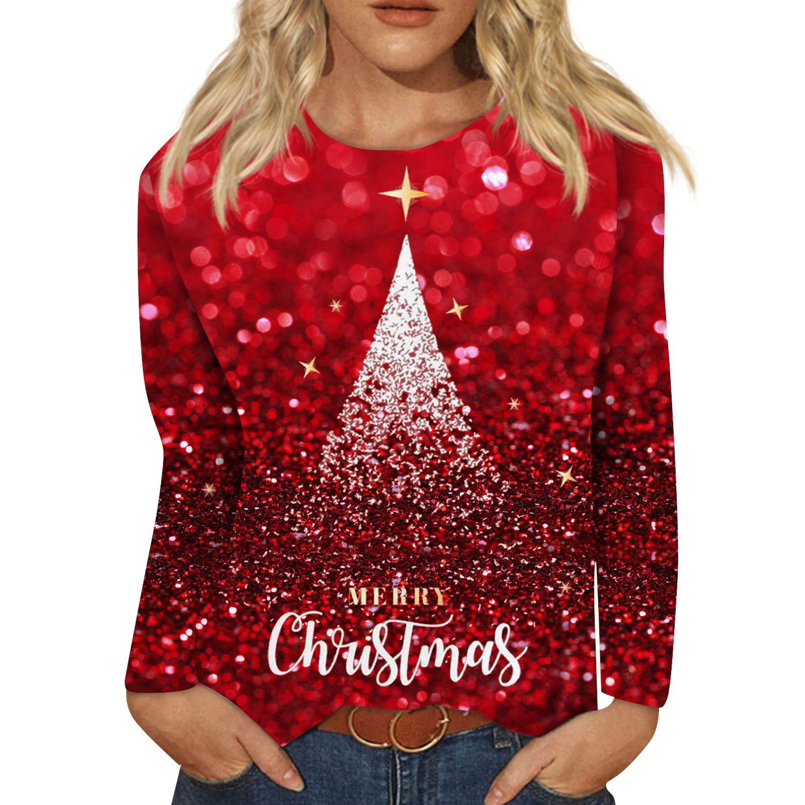 Womens Christmas Tops Light Up Shiny Tree Print Tunic Women Tops Trendy