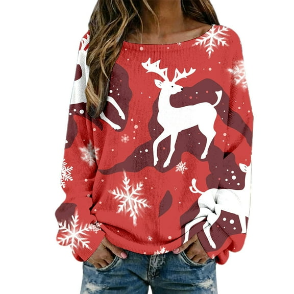 Womens Christmas Tops Long Sleeve Shirts Knit Sweater Festive Holiday Pullover Yarn Casual Winter Tunic Elegant Crewneck Seasonal Apparel Fall Clothes For Women Tees Blouses