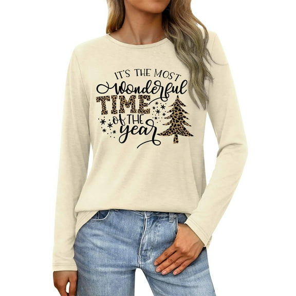 Womens Christmas Tops Long Sleeve Shirts Letter Print Christmas Tree Crewneck Holiday Graphic Tees Blouses