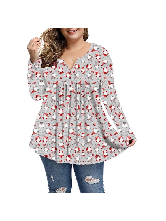 Womens Christmas Tops Long Sleeve Shirts Plus Size Cute Print Pleated Casual Santa Xmas Tees Blouses