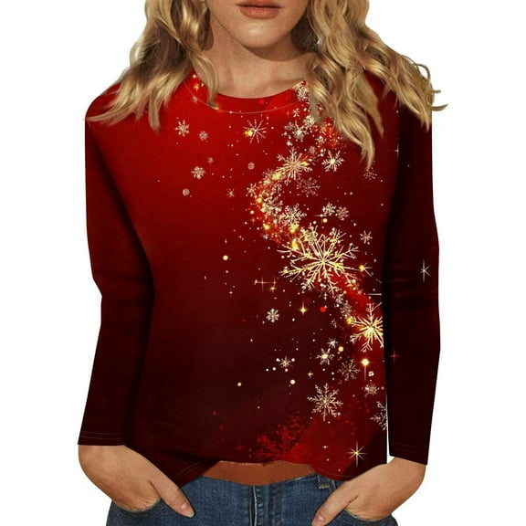 Womens Christmas Tops Long Sleeve Shirts Print Crew Neck Pullover Casual Street Style Fashion Festive Occasions Fall Clothes For Women Tees Blouses