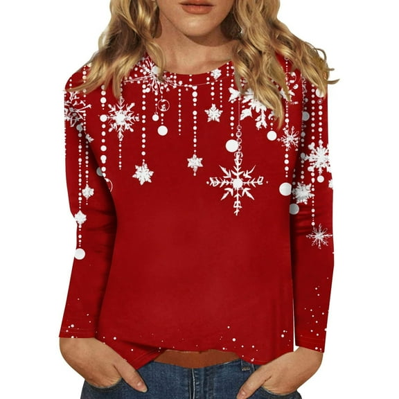Womens Christmas Tops Long Sleeve Shirts Print Crew Neck Pullover Casual Street Style Fashion Festive Occasions Fall Clothes For Women Tees Blouses