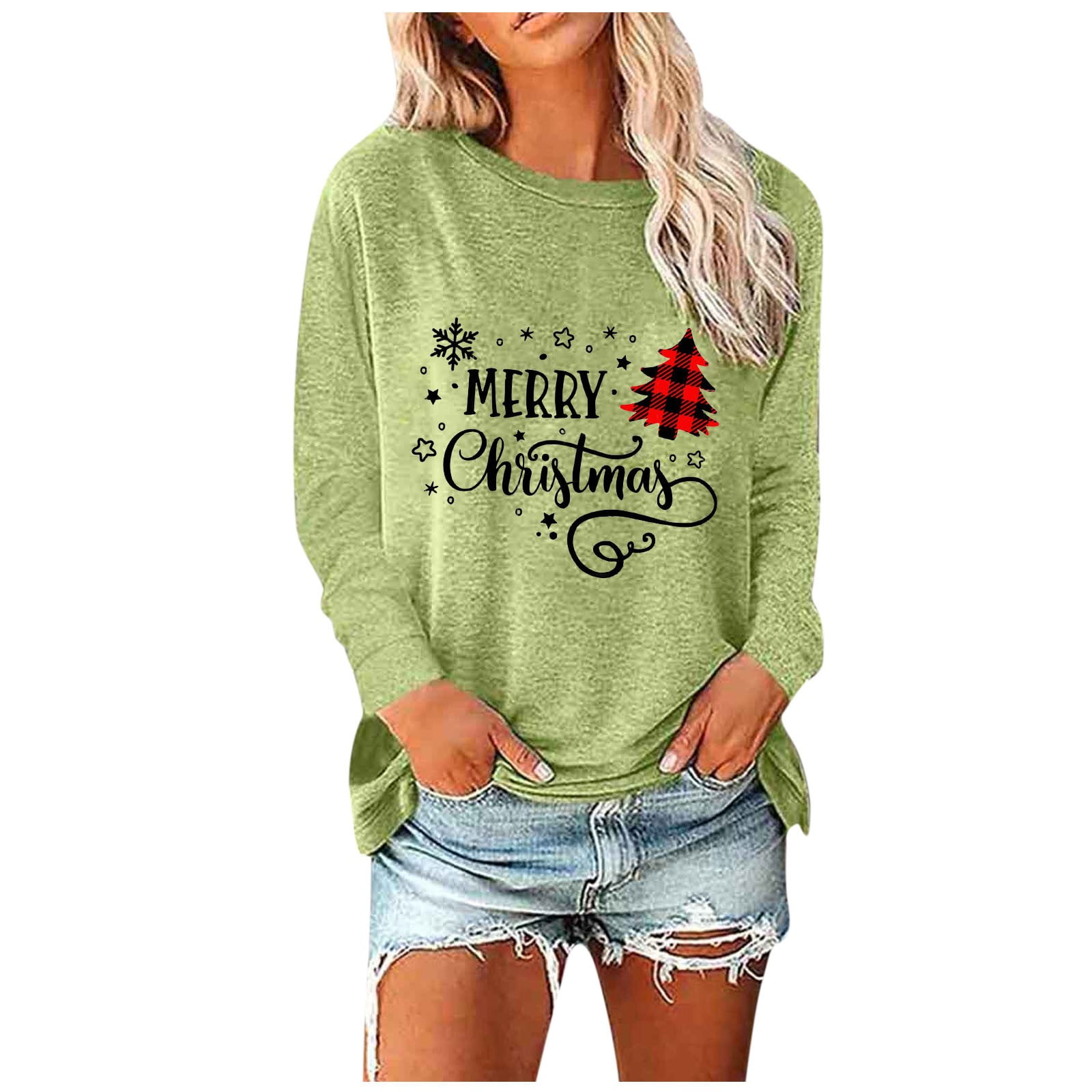 Womens Christmas Tops Long Sleeve Women's Round Neck Christmas Printing Recreational Long
