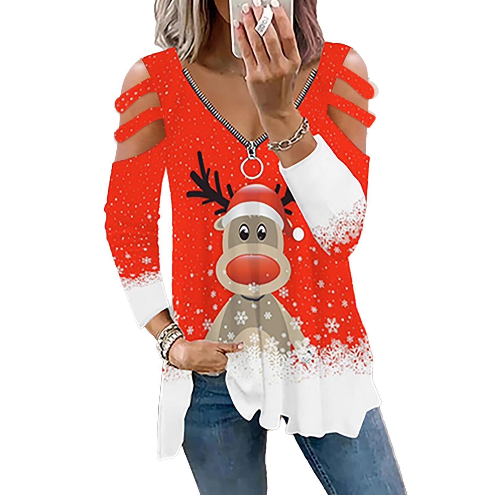 Womens Christmas Tops Long Sleeve Xmas Reindeer TShirt Sexy V Neck