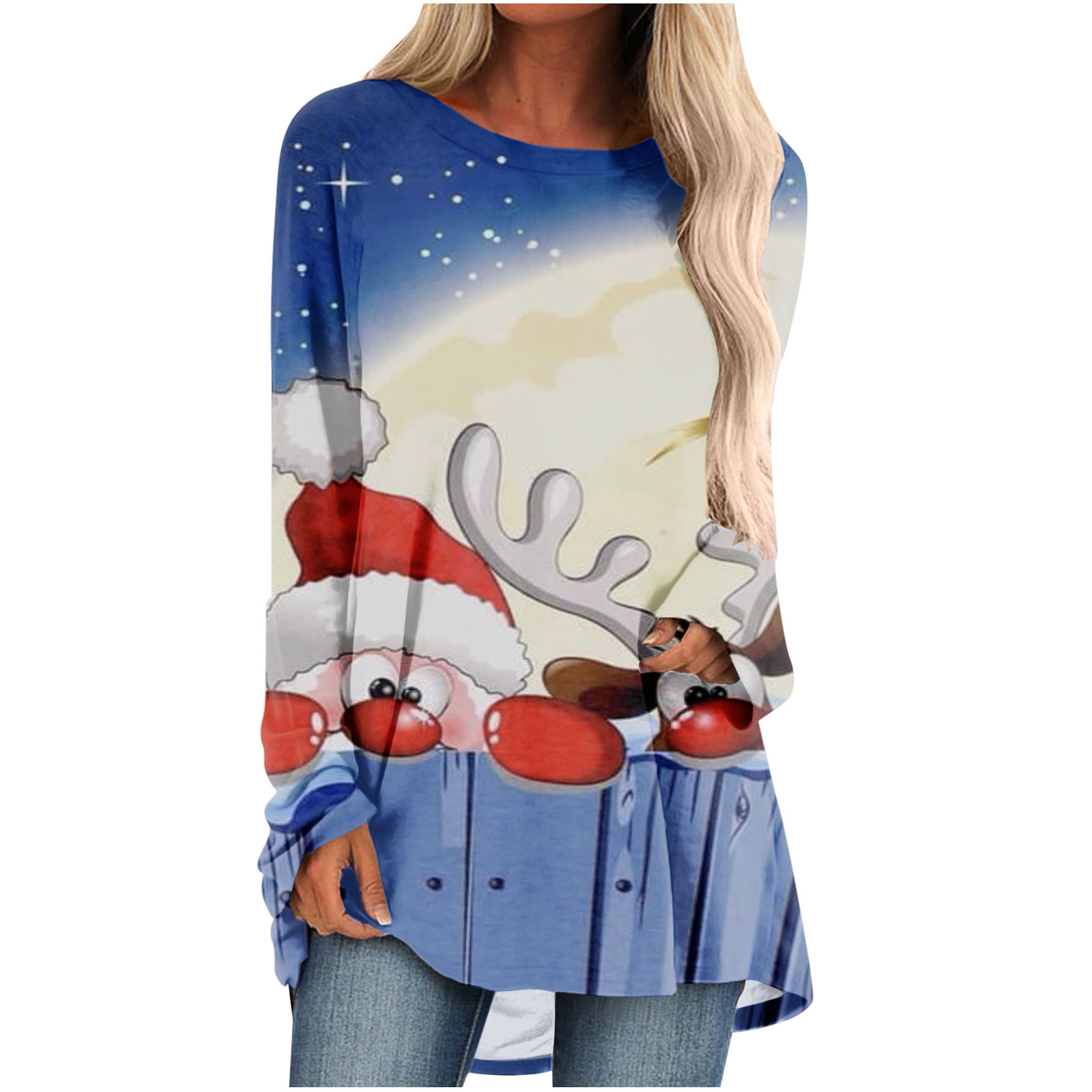Womens Christmas Tops Plus Size Women's Fashion Loose Long Sleeve Round