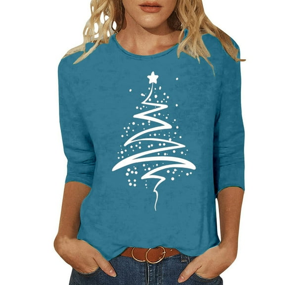 Womens Christmas Tops Shirts 3/4 Sleeve Christmas Tree Crewneck Santa Xmas Tees Blouses