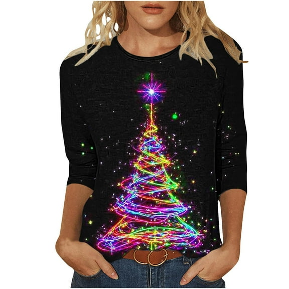 Womens Christmas Tops Sparkly Christmas Tree Shirt 3/4 Sleeve Blouses for Women Casual Crewneck Basic Tee Shirts Holiday Tops