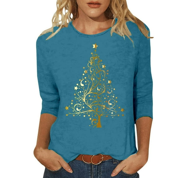 Womens Christmas Tree 3/4 Length Sleeve Round Neck Tshirts Tops T Shirt for Women Summer Womens Long Sleeve Shirt Loose Fit Womens Short Sleeve Top Long Sleeve Running Tee Womens Short Sleeve Tops for