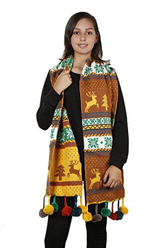 Womens Christmas Tree Reindeer Snowflake Reversible Knit Wraparound Scarf Shawl (Mustard Pom Poms)