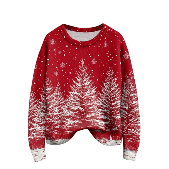 Womens Christmas Tree Sweater - Crewneck,Long Sleeve,Knit,04-Vermilion,XX-Large