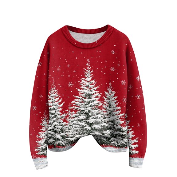 Womens Christmas Tree Sweater - Crewneck,Long Sleeve,Knit,04-Watermelon Red,XX-Large