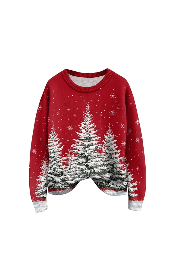 Womens Christmas Tree Sweater - Crewneck,Long Sleeve,Knit,04-Watermelon Red,XX-Large