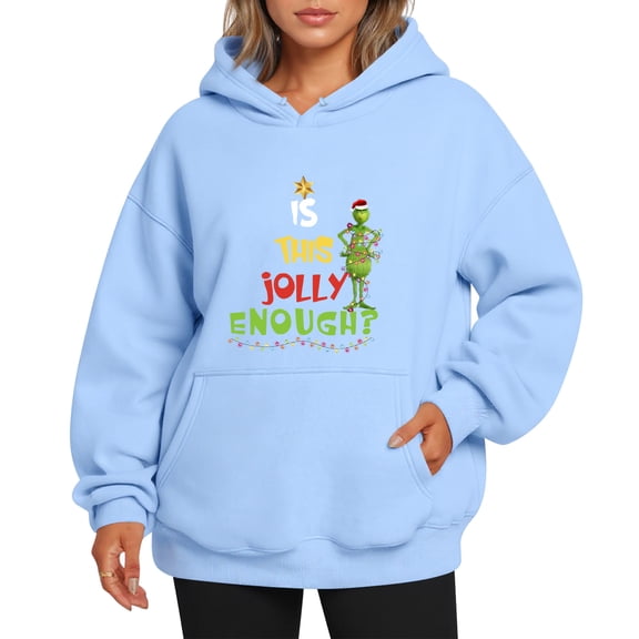 Womens Christmas Tree Sweatshirt Funny Santa Print Graphic Casual Long Sleeve Hoodie Light Blue XL