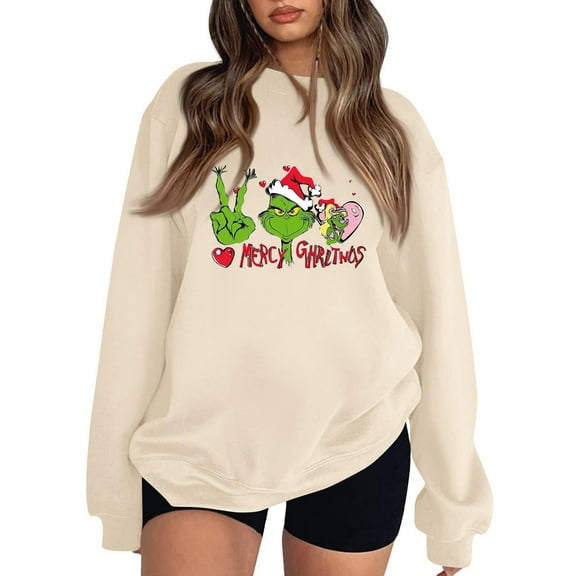 Womens Christmas Tree Sweatshirt Ugly Christmas Sweater Printed Long Sleeve Graphic Holiday Pullover Beige Medium