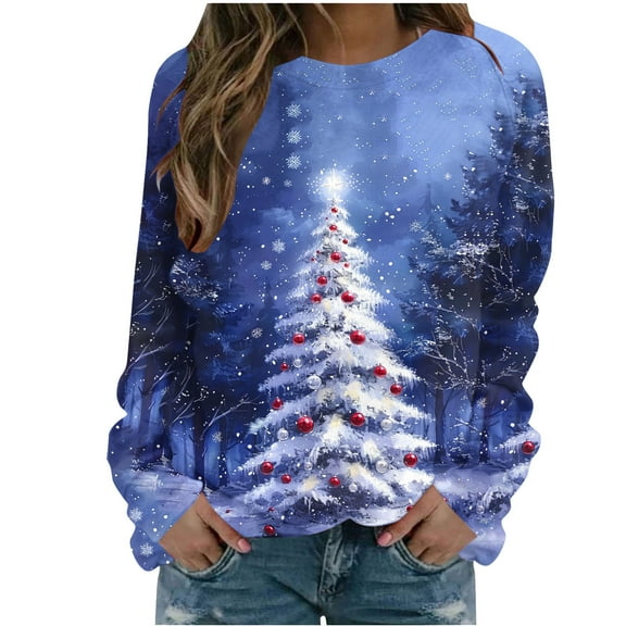 Womens Christmas Tree Sweatshirts Long Sleeve Graphic Raglan Shirts Funny Xmas Crewneck Pullover Tops, XXL Navy